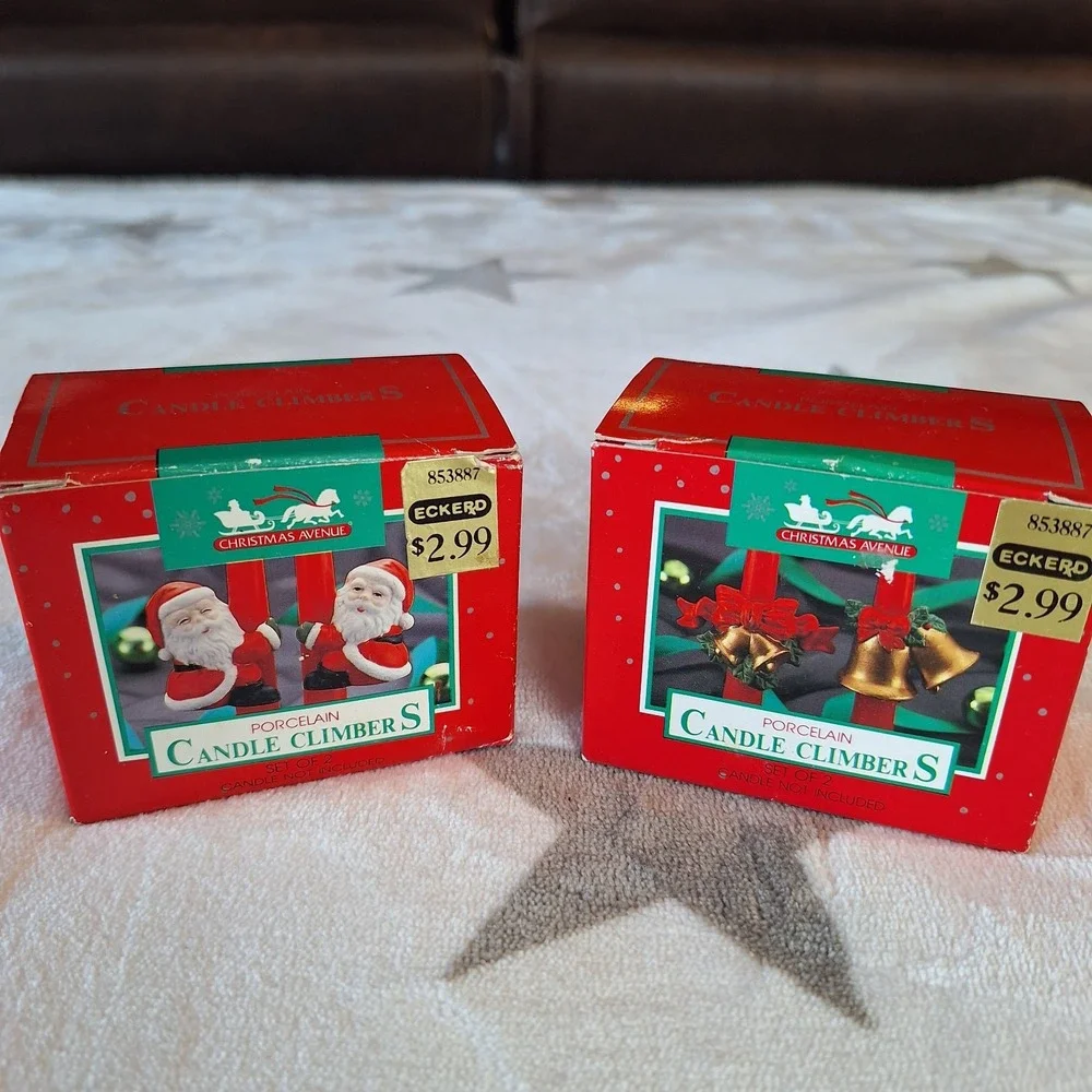Two New Old Stock Vintage Porcelain Candle Climber‎ Hugger Christmas Santa Bells